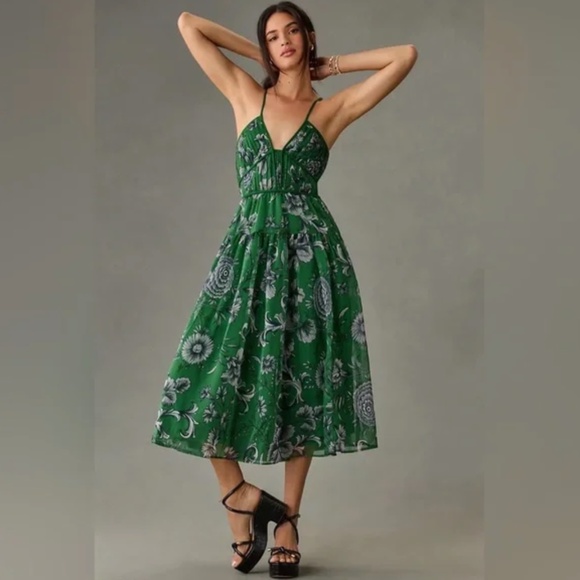BY ANTHROPOLOGIE V-NECK FLORAL HALTER MIDI DRESS - Picture 1 of 4